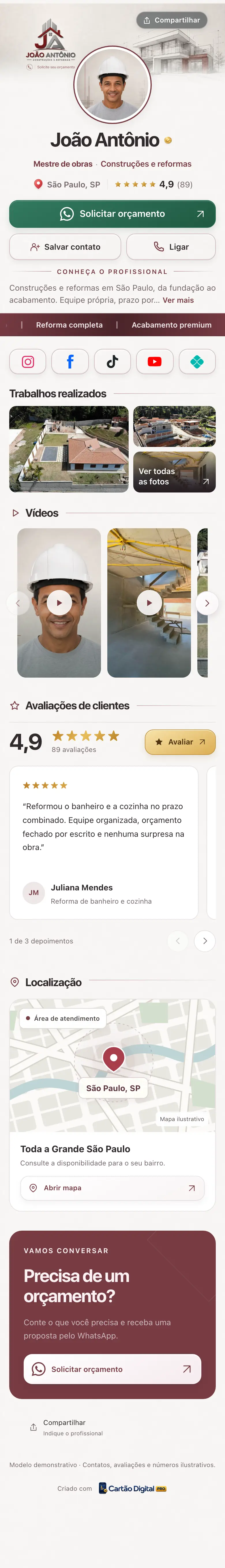 Cartão digital do João Antônio, mestre de obras: foto, botões de WhatsApp e ligar, serviços, fotos e vídeos das obras, avaliações e localização