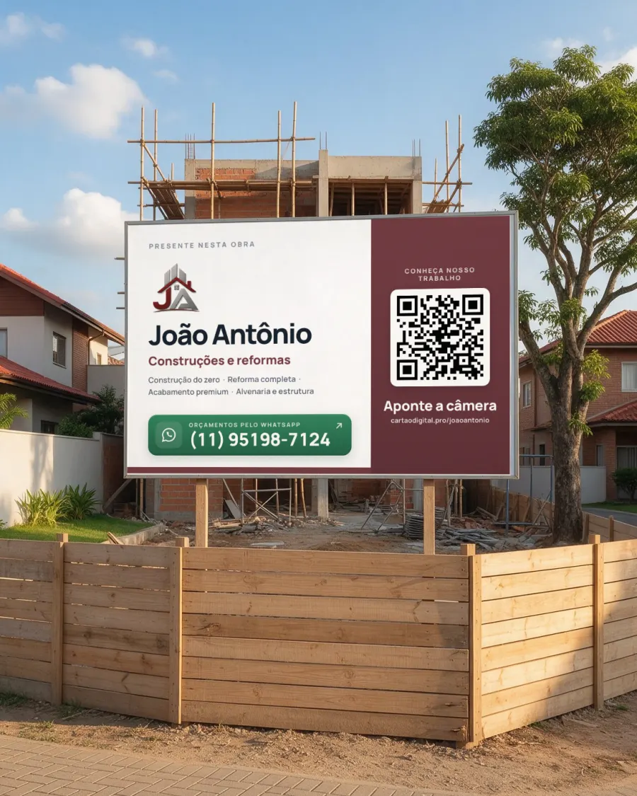 Placa de obra com o QR Code do cartão presa na fachada