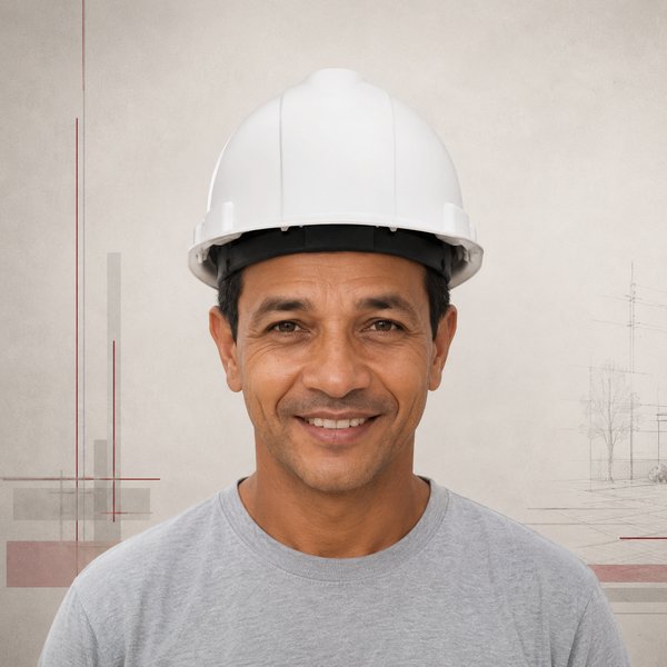 João Antônio usando capacete de obra